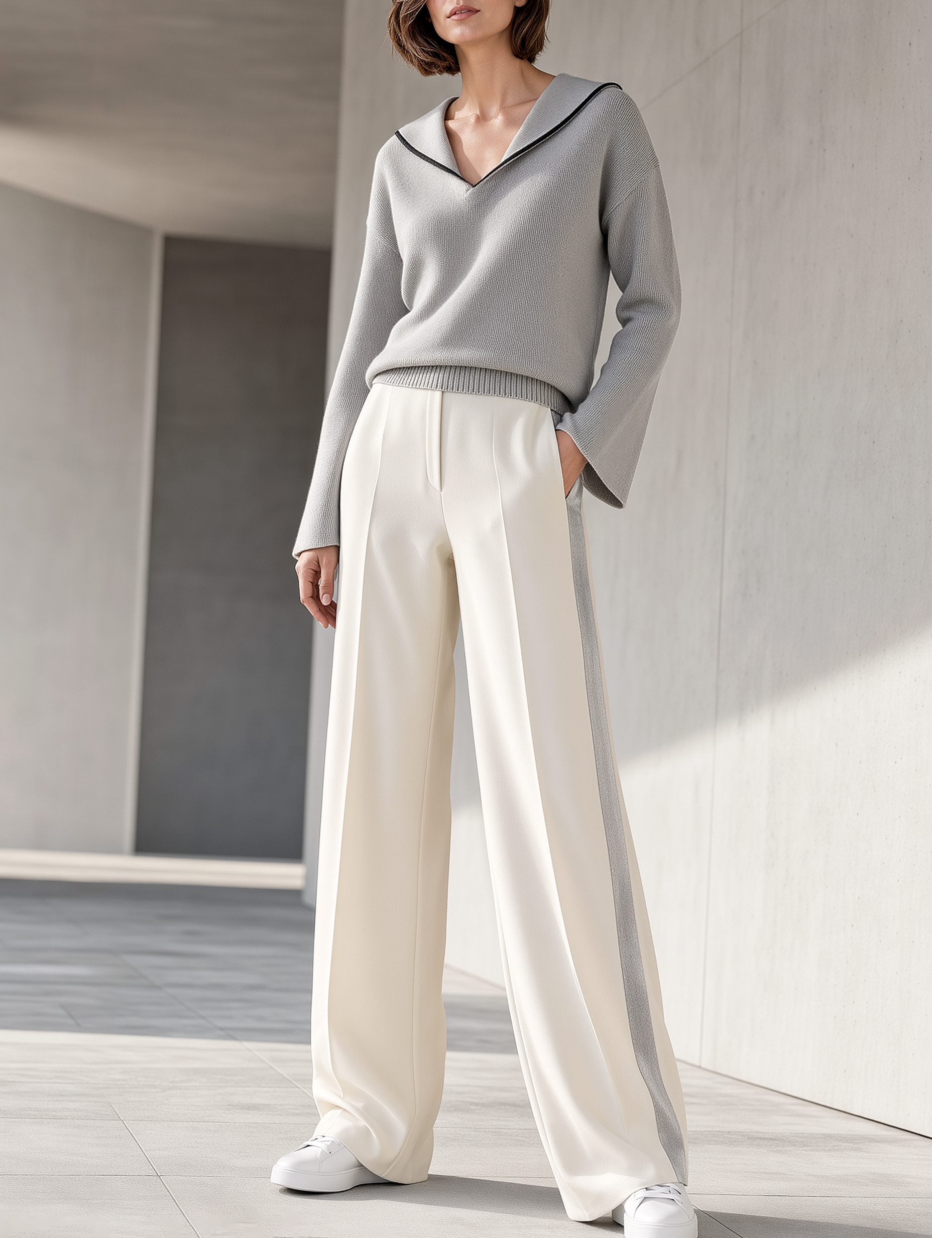 Light Gray And Navy V-neck Knit Top And Wide-leg Trousers Set
