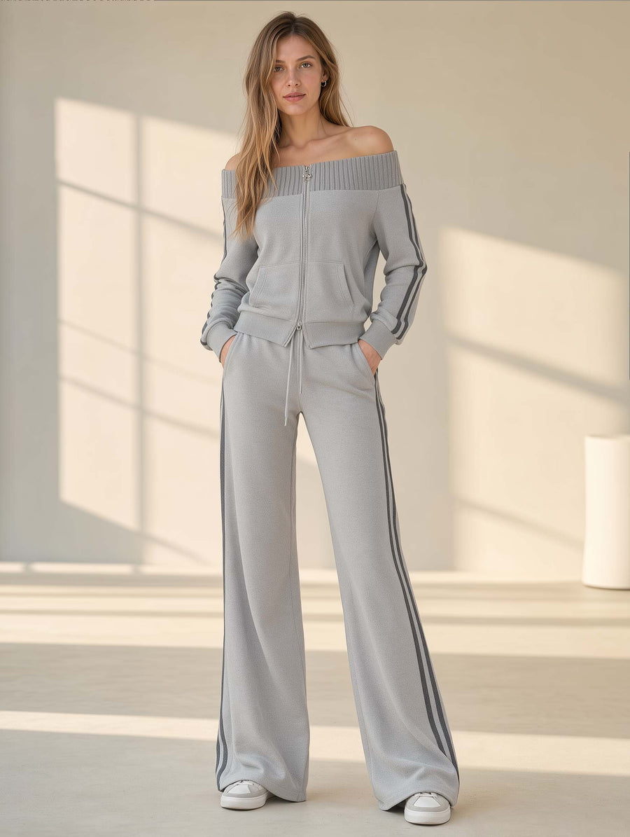 Stylish Off-Shoulder Grey Long-Sleeve Jacket And Pants Set With Double-Pull Zipper