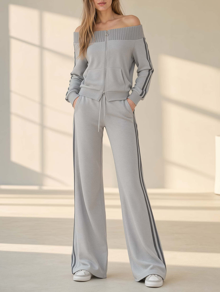 Stylish Off-Shoulder Grey Long-Sleeve Jacket And Pants Set With Double-Pull Zipper