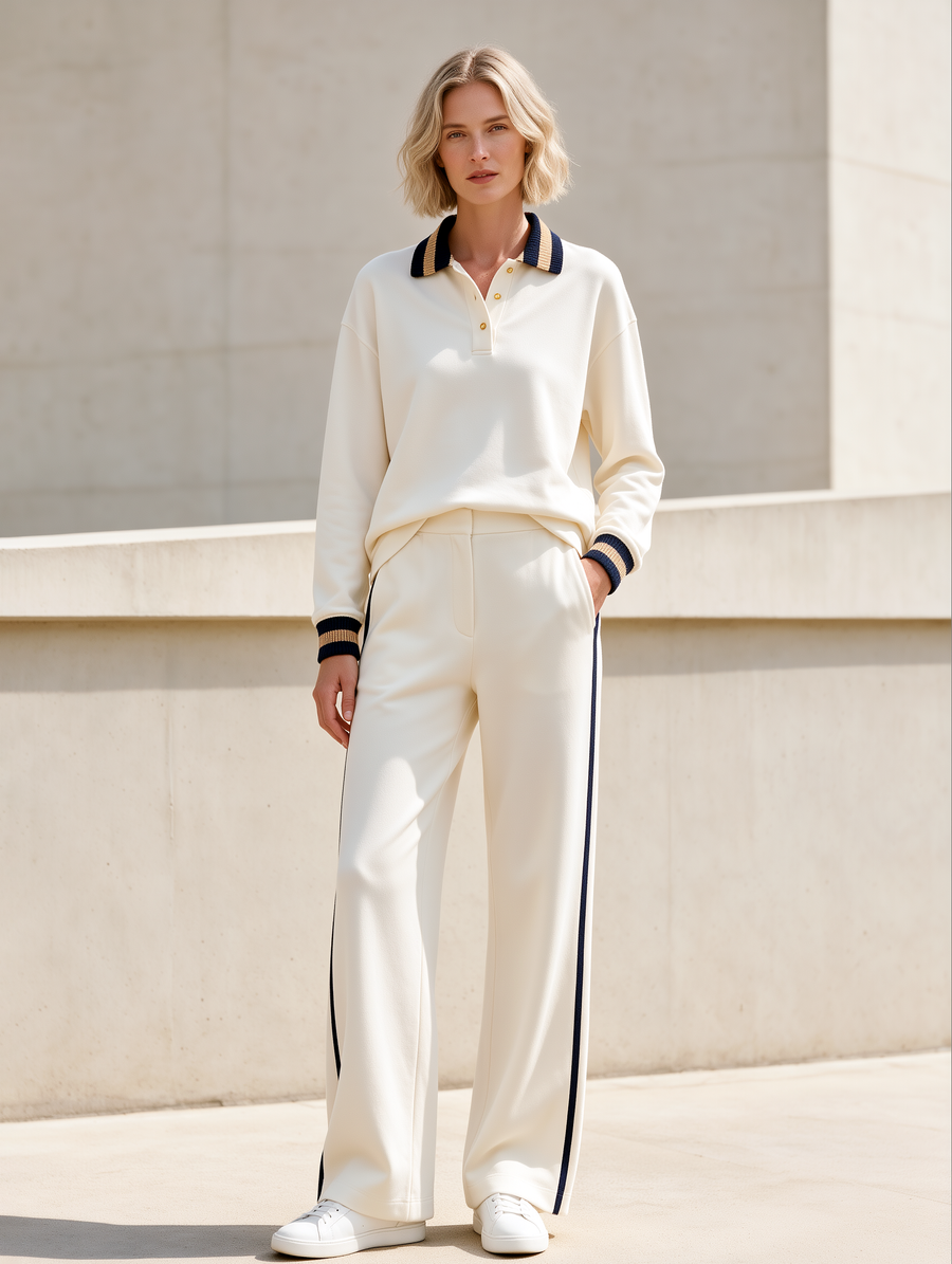 Off-white Collared Sweatshirt And Straight-leg Pants Set