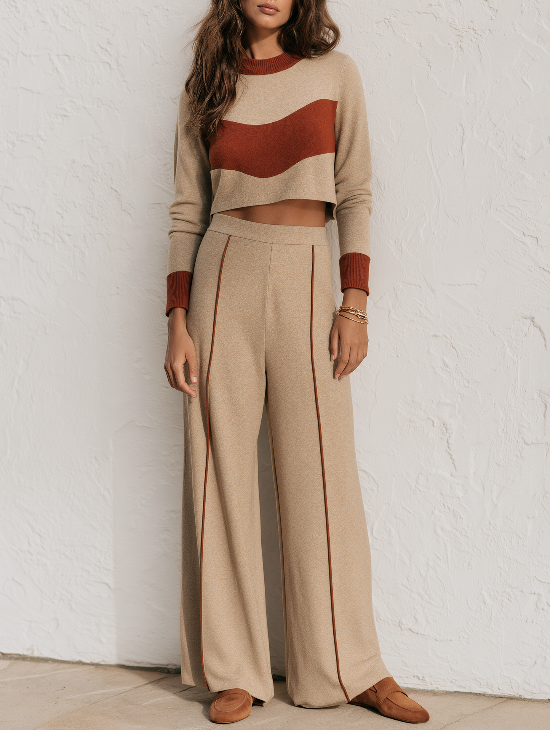 Light Brown Color-block Sweatshirt And Wide-leg Pants Set