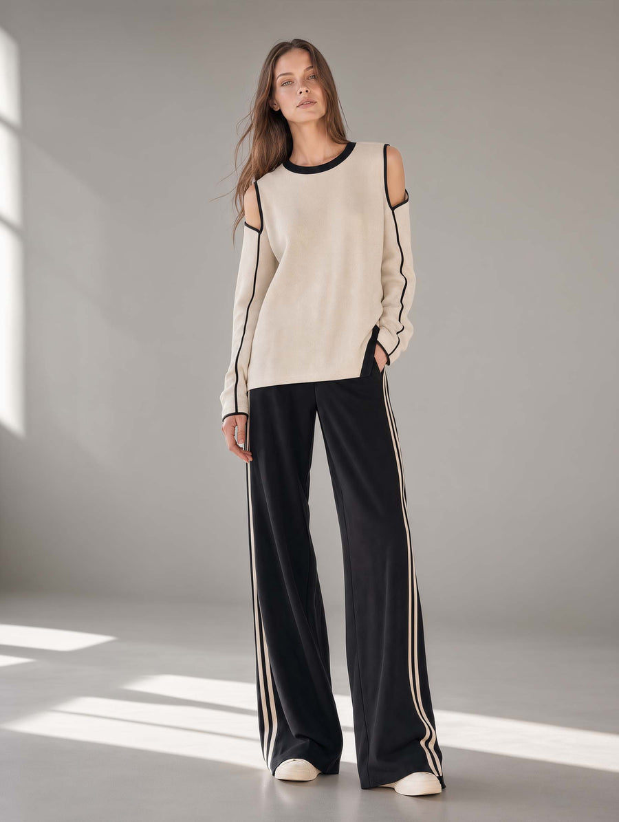 Stylish Off-the-shoulder Oatmeal Color-block Long-sleeve Top And Black Wide-leg Trousers Set