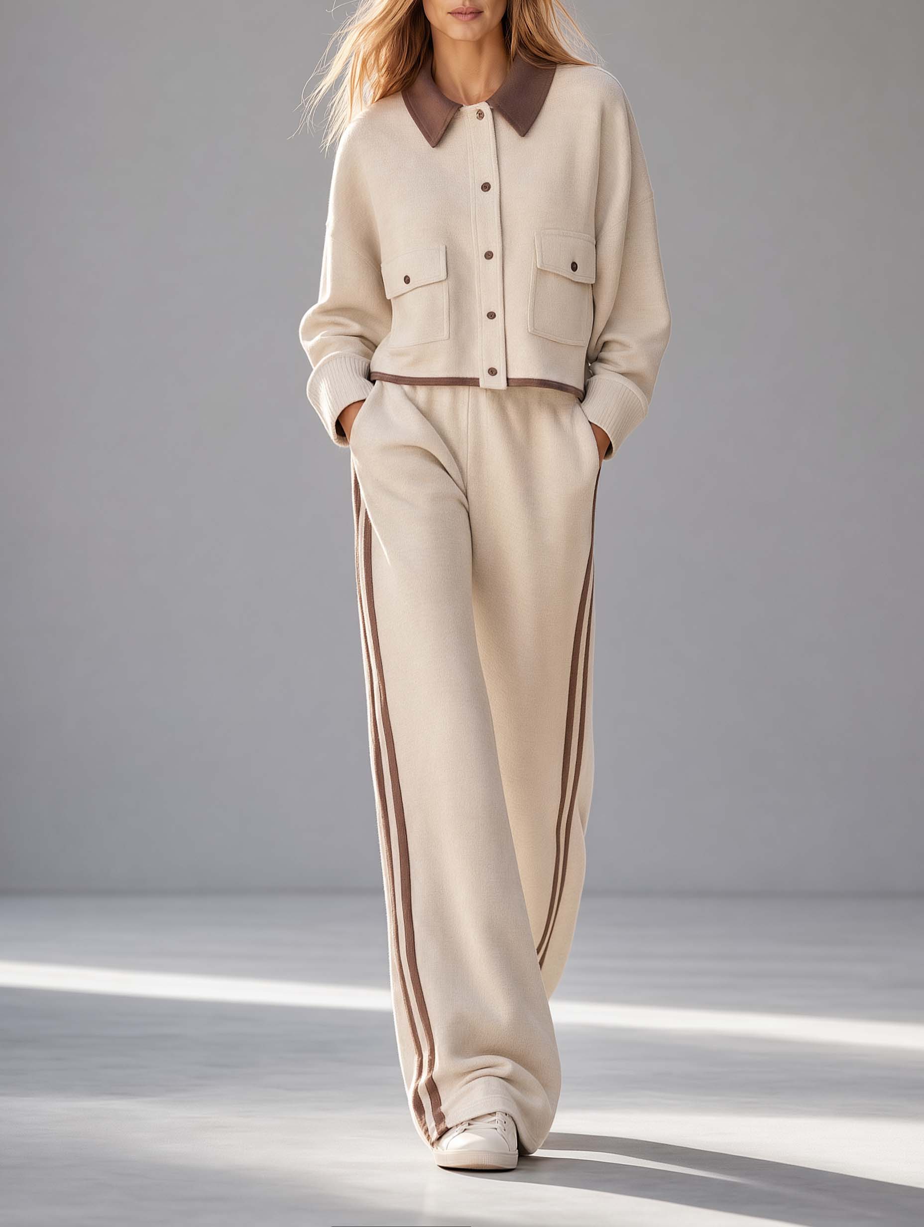 Stylish Khaki Single-breasted Long-sleeve Top And Trousers Set With A Lapel Collar