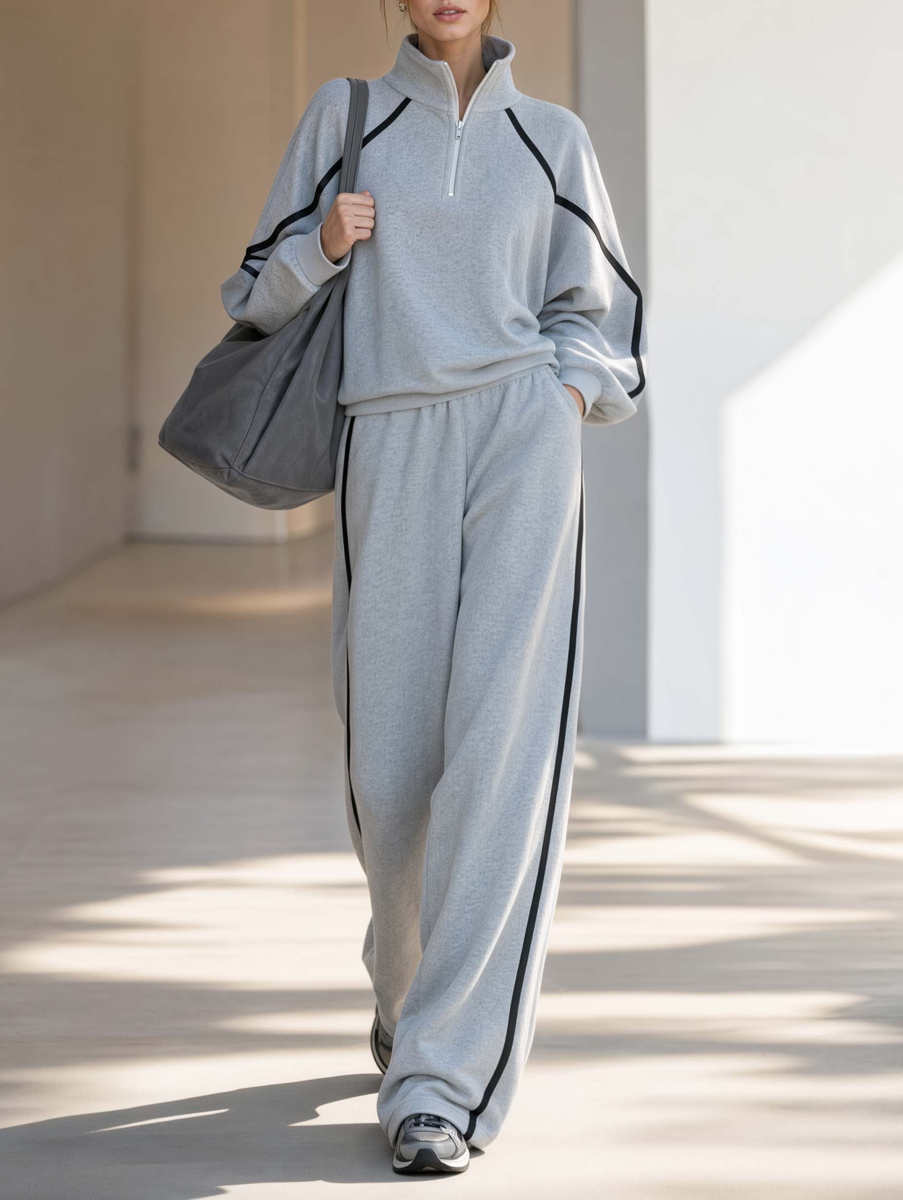 Athleisure-style Grey Long-sleeve Half-zip Sweatshirt And Wide-leg Pants Set