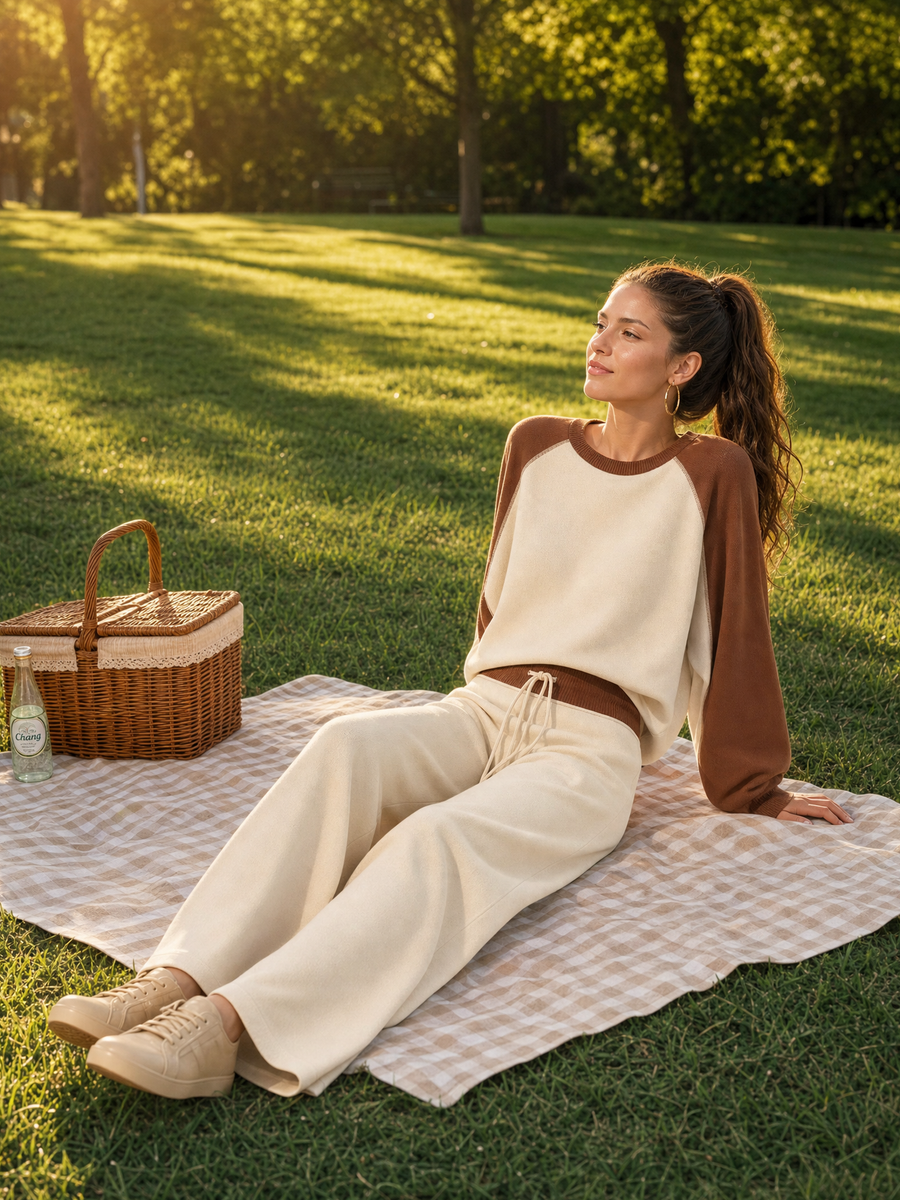 Beige Color-block Sweatshirt And Wide-leg Pants Set