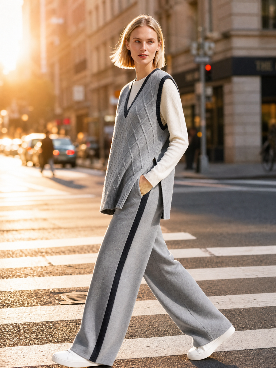 V-neck Argyle Vest With Side Slits And Wide-Leg Pants Set