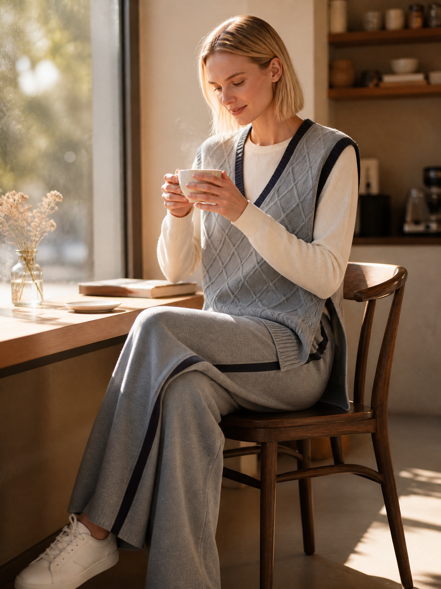 V-neck Argyle Vest With Side Slits And Wide-Leg Pants Set
