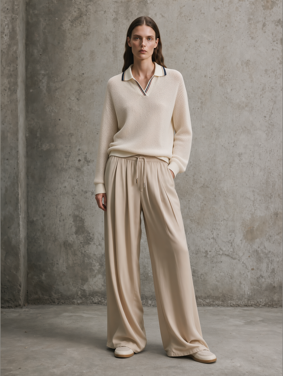Ivory Mesh Knit Polo & Pleated Wide-Leg Pant Set