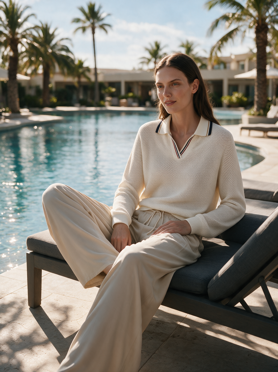 Ivory Mesh Knit Polo & Pleated Wide-Leg Pant Set