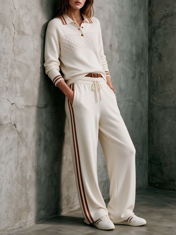 Ivory Polo Knit Sweater & Wide-Leg Pants Set