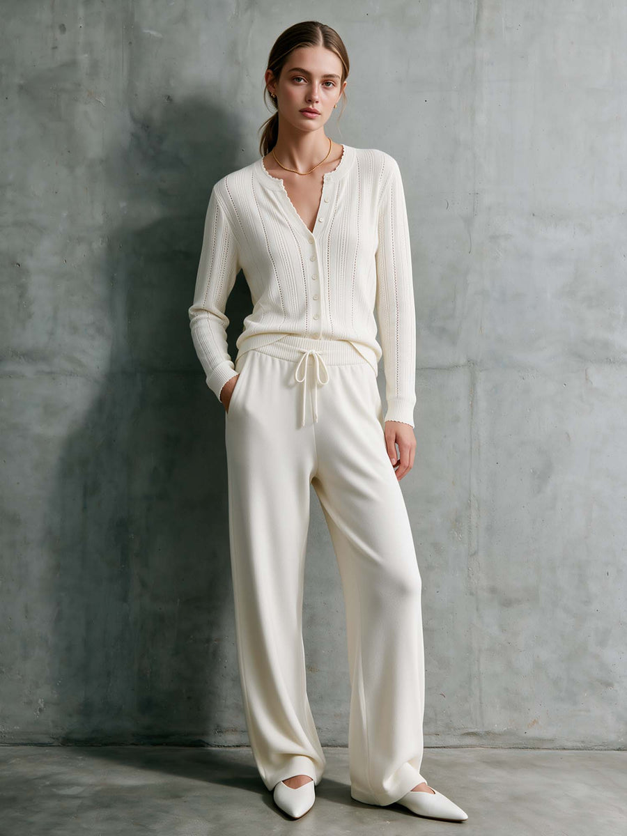 Ivory Polo Knit Sweater & Wide-Leg Pants Set