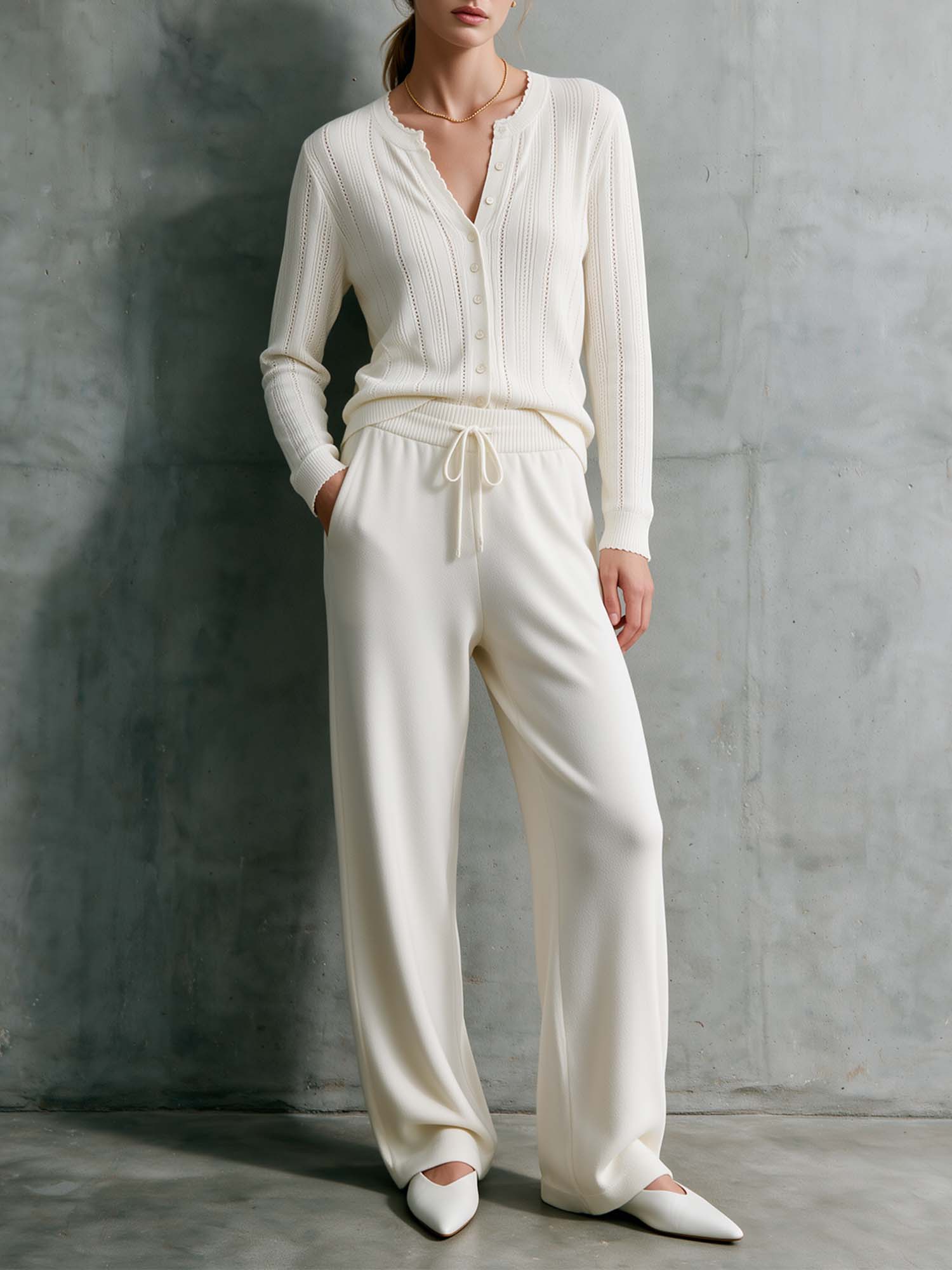 Ivory Polo Knit Sweater & Wide-Leg Pants Set