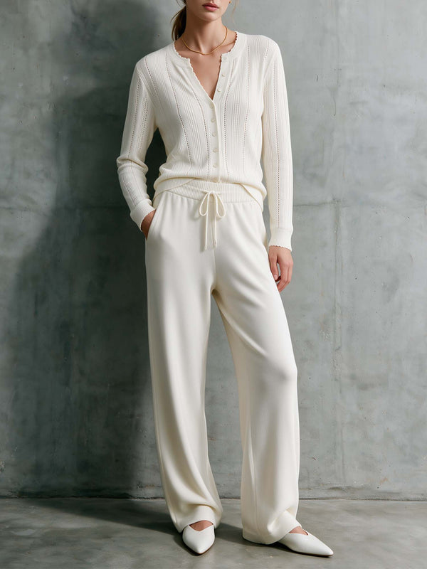 Ivory Polo Knit Sweater & Wide-Leg Pants Set