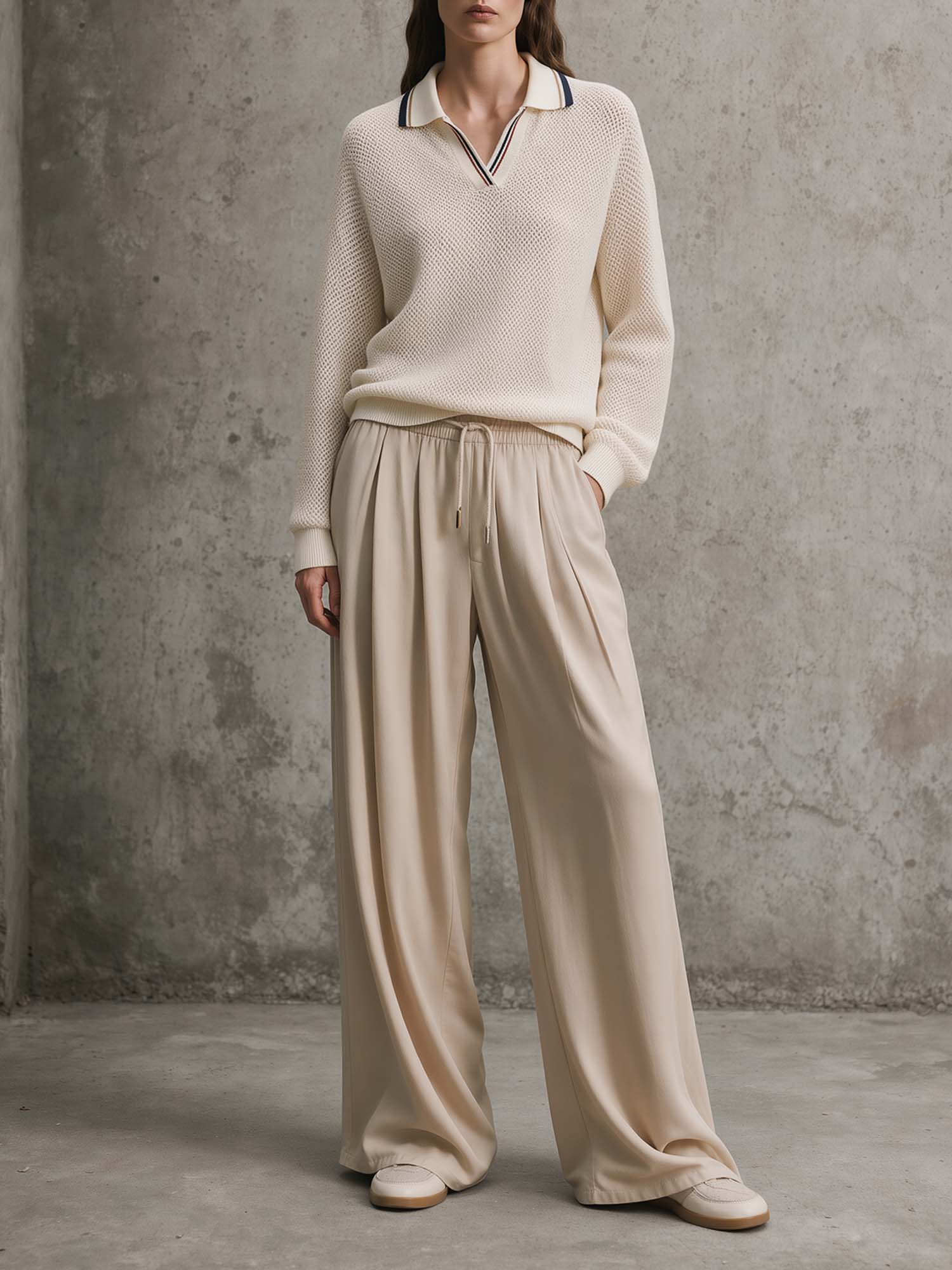Ivory Mesh Knit Polo & Pleated Wide-Leg Pant Set