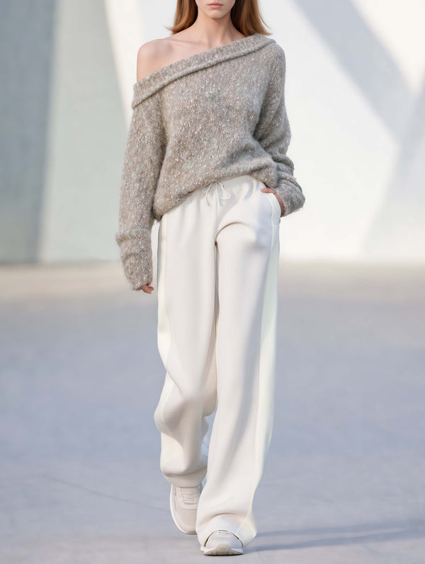 Stylish Casual Heather Grey Off-Shoulder Long-Sleeve Sweater And White Trousers Set
