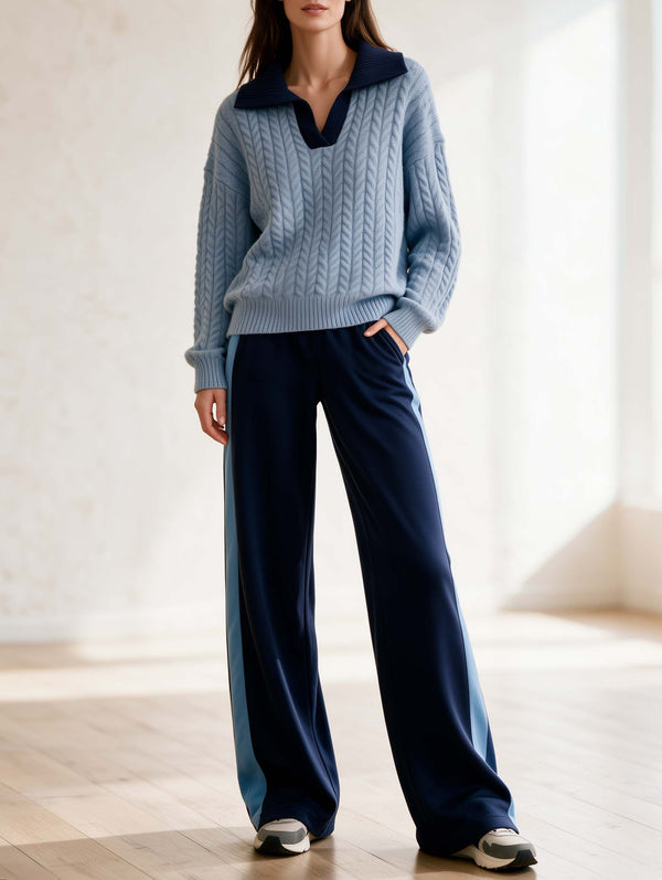 Casual Blue Color-block Long-sleeve Collared Sweater And Navy Wide-leg Trousers Set
