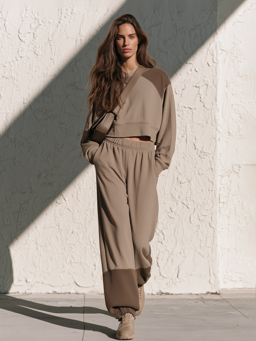 Light Brown Color-block Crew-neck Sweatshirt And Cuffed Joggers Set