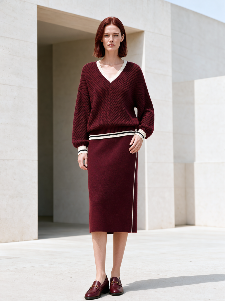 Burgundy Loose-Fit Sweater And Stretchy Knit Skirt Set