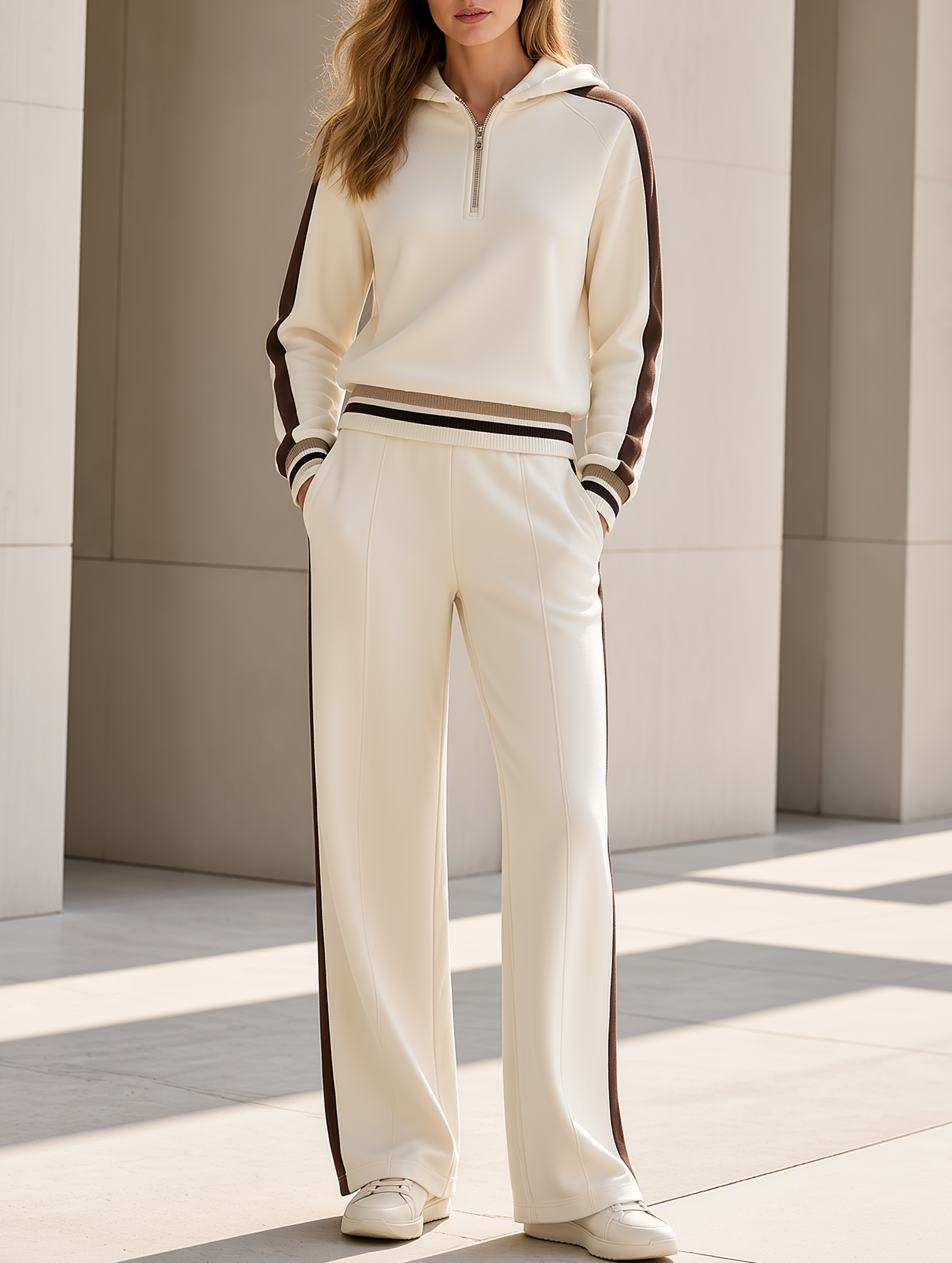 Beige Half-zip Hooded Sweatshirt And Wide-leg Pants Set