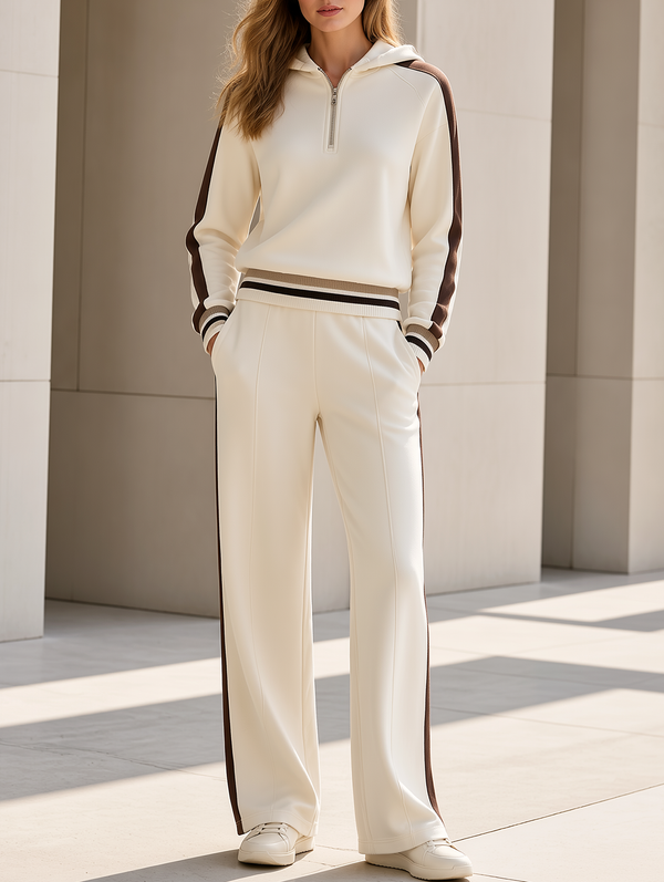 Beige Half-zip Hooded Sweatshirt And Wide-leg Pants Set