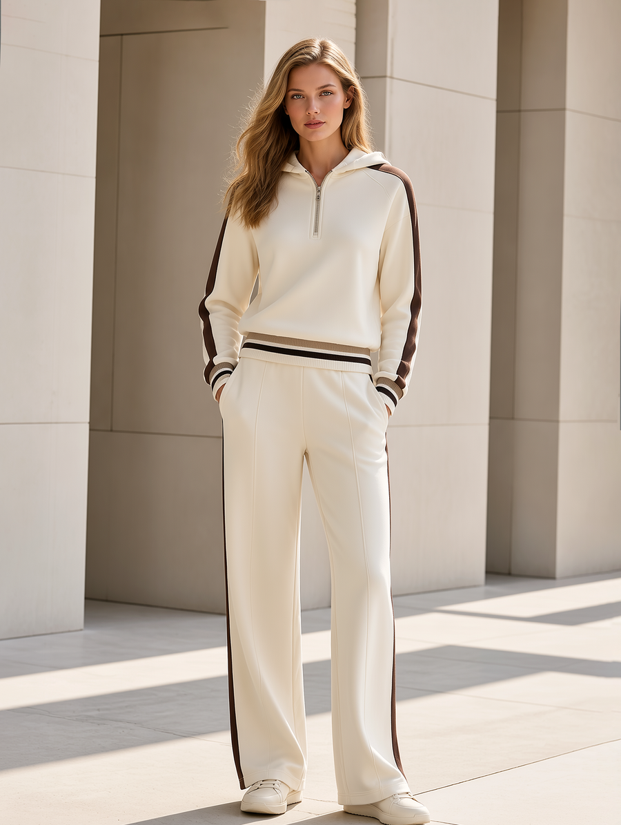 Beige Half-zip Hooded Sweatshirt And Wide-leg Pants Set