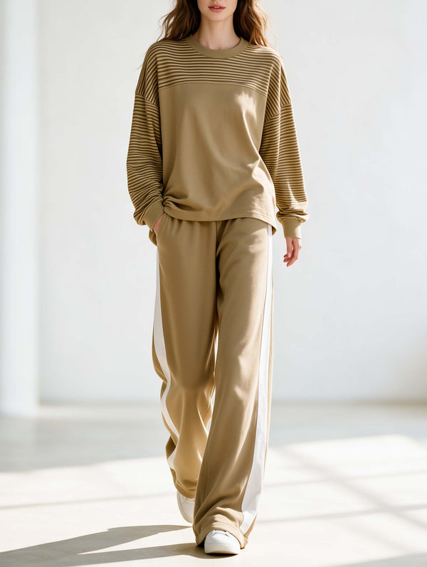 Casual-chic Khaki Striped Color-block Long-sleeve Top And Wide-leg Pants Set