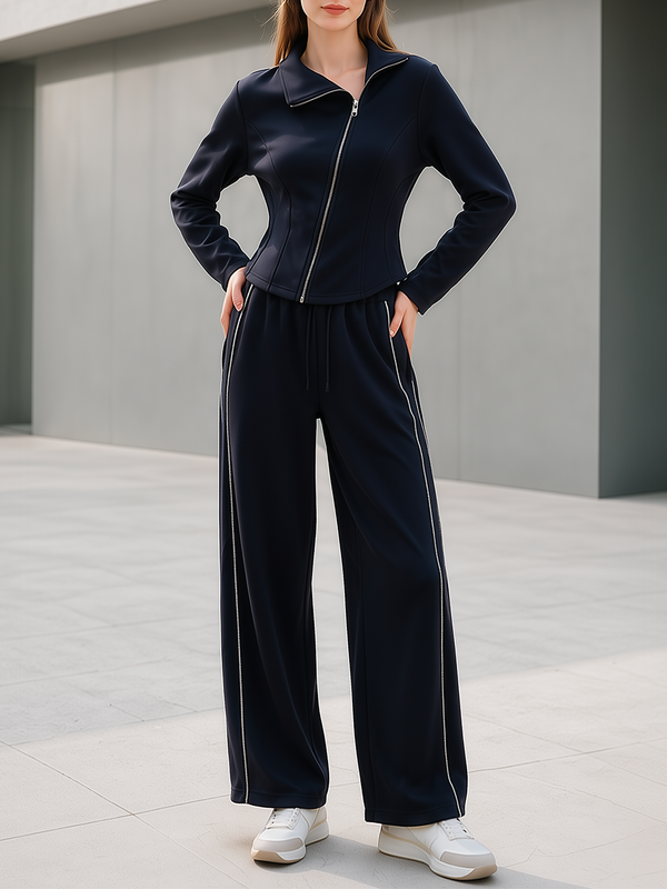 Navy Blue Belted Zip-up Top And Wide-leg Trousers Set
