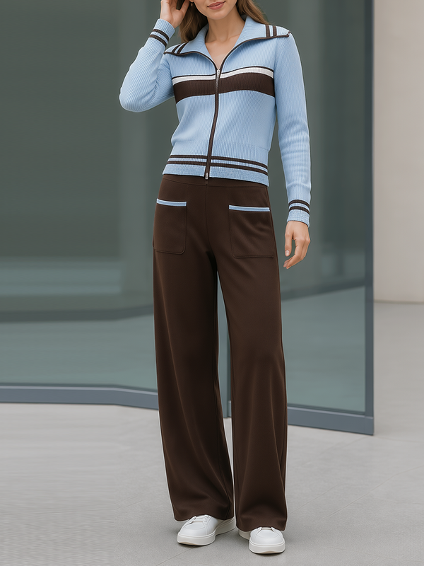 Blue‑Brown Stripe Zip Knit Top & Brown Wide Leg Pants Set