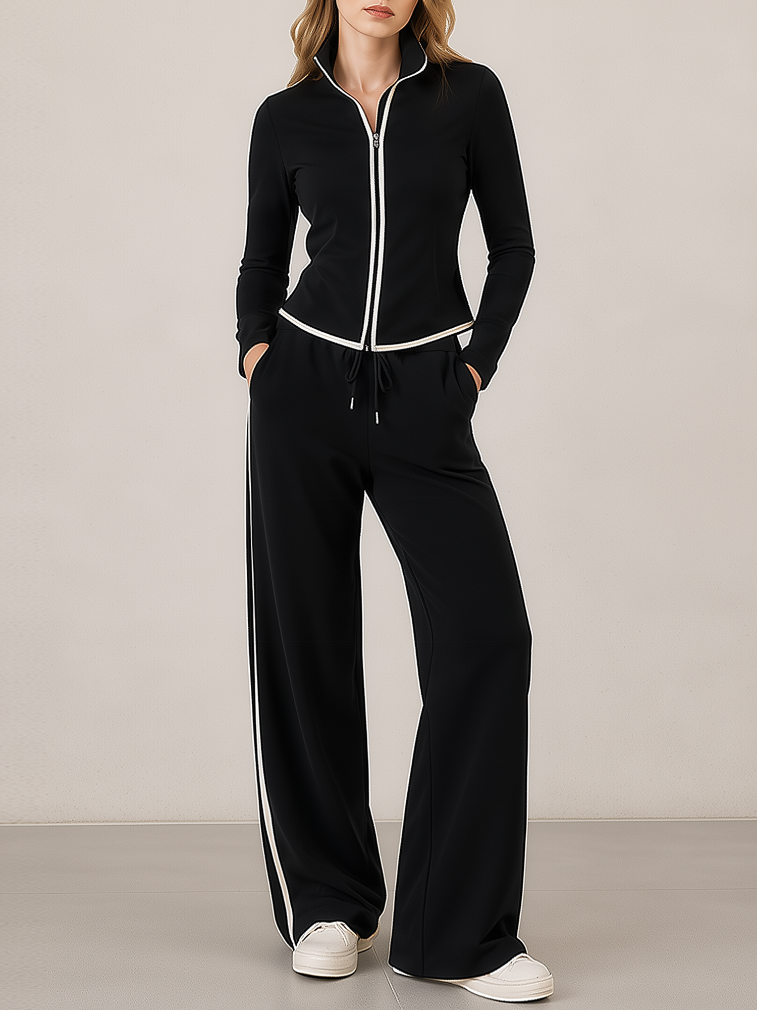 Black White Piping Stand Collar Cropped Zip Jacket & Wide Leg Pants Set