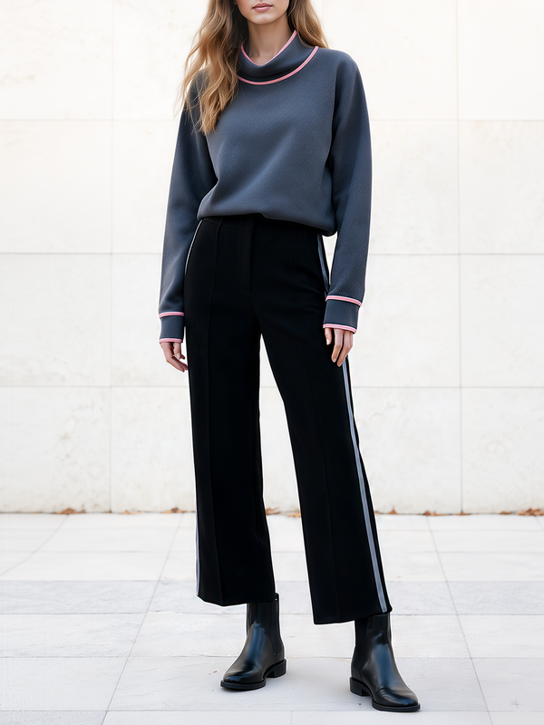 Grey Pink Contrast Cowl Neck Knit Top & Black Side Stripe Straight Pants Set