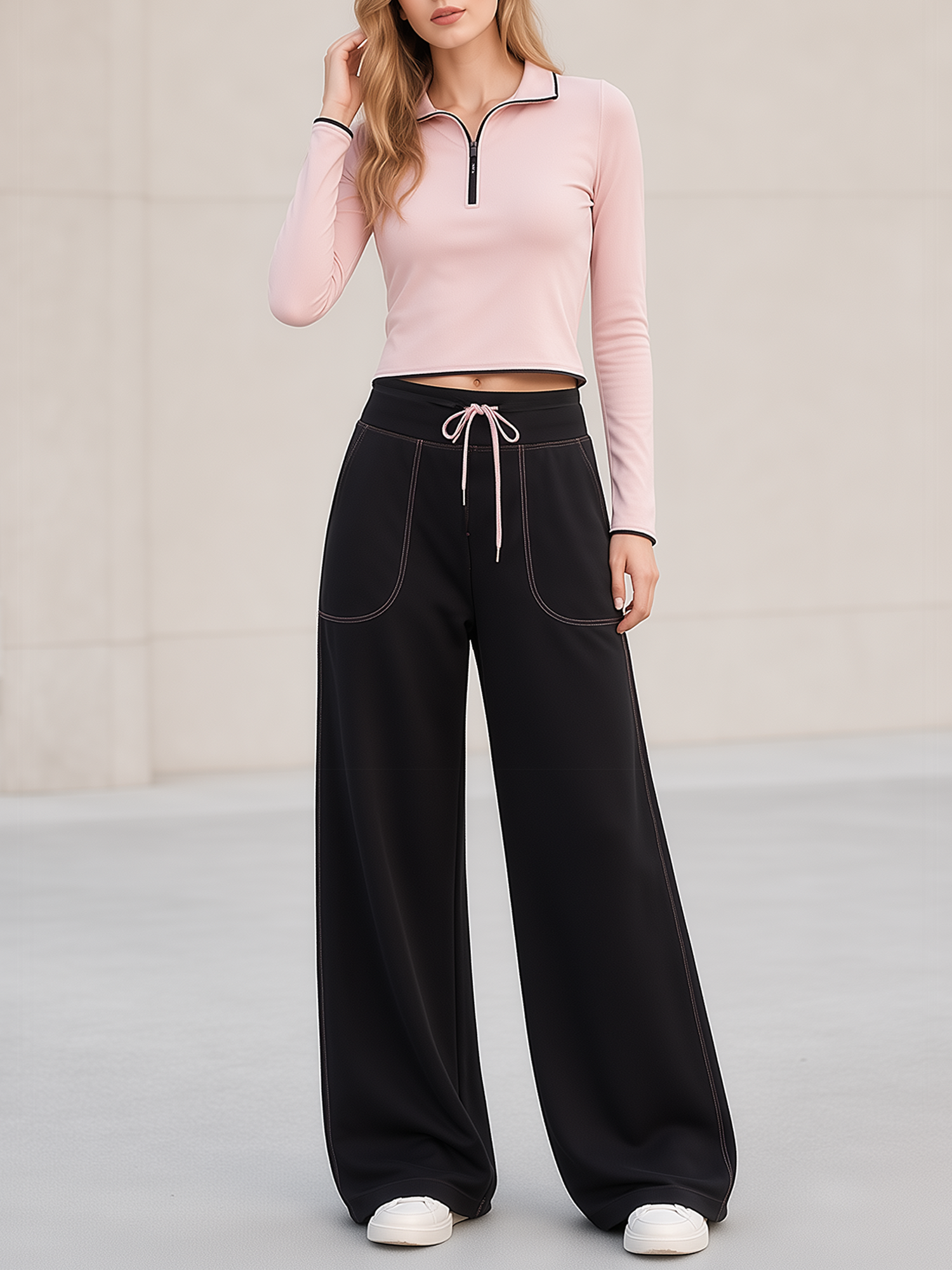 Pink Half-zip Cropped Top And Black Wide-leg Trousers Set