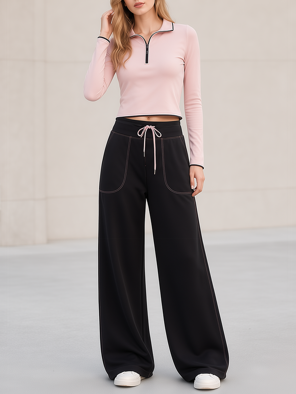 Pink Half-zip Cropped Top And Black Wide-leg Trousers Set
