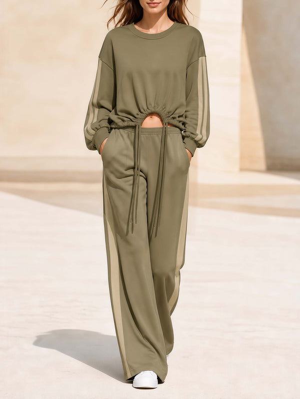 Khaki-green Long-sleeve Top And Trousers Set With Drawstring And Irregular Hem