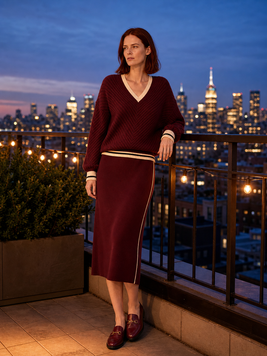 Burgundy Loose-Fit Sweater And Stretchy Knit Skirt Set