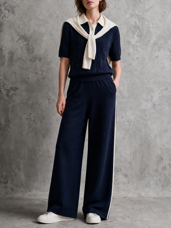 Navy Cable-Knit Polo & Side-Stripe Wide-Leg Pants Set