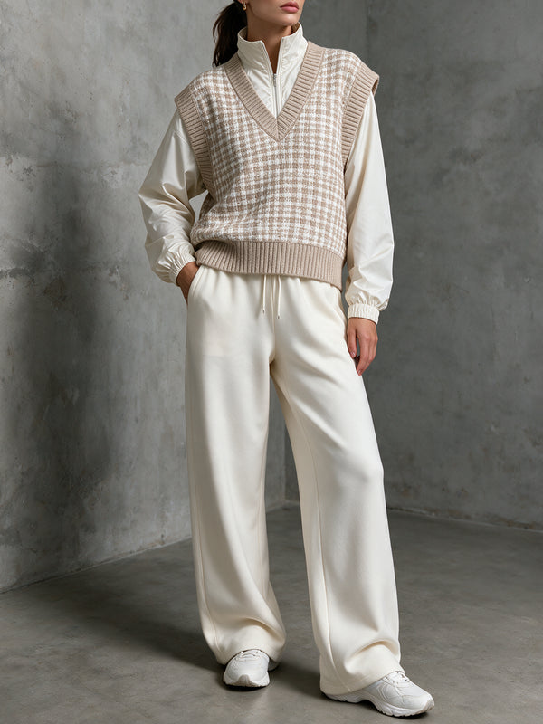 Beige Houndstooth Knit Vest & Cream Wide-Leg Pants Set