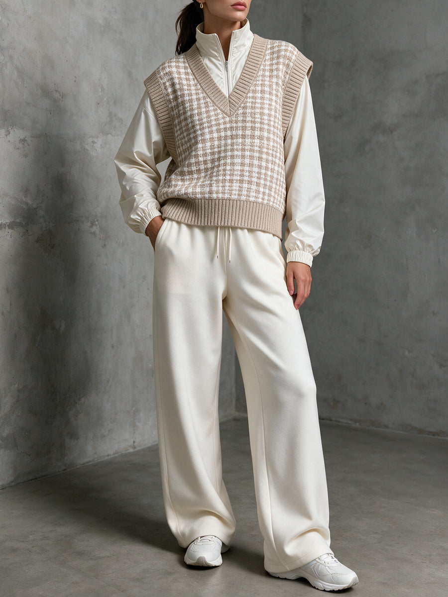 Beige Houndstooth Knit Vest & Cream Wide-Leg Pants Set
