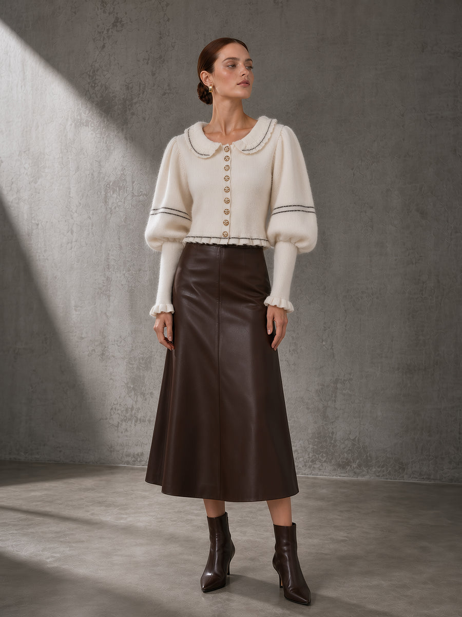 Cream Peter Pan Collar Cardigan & Chocolate Leather Midi Skirt Set