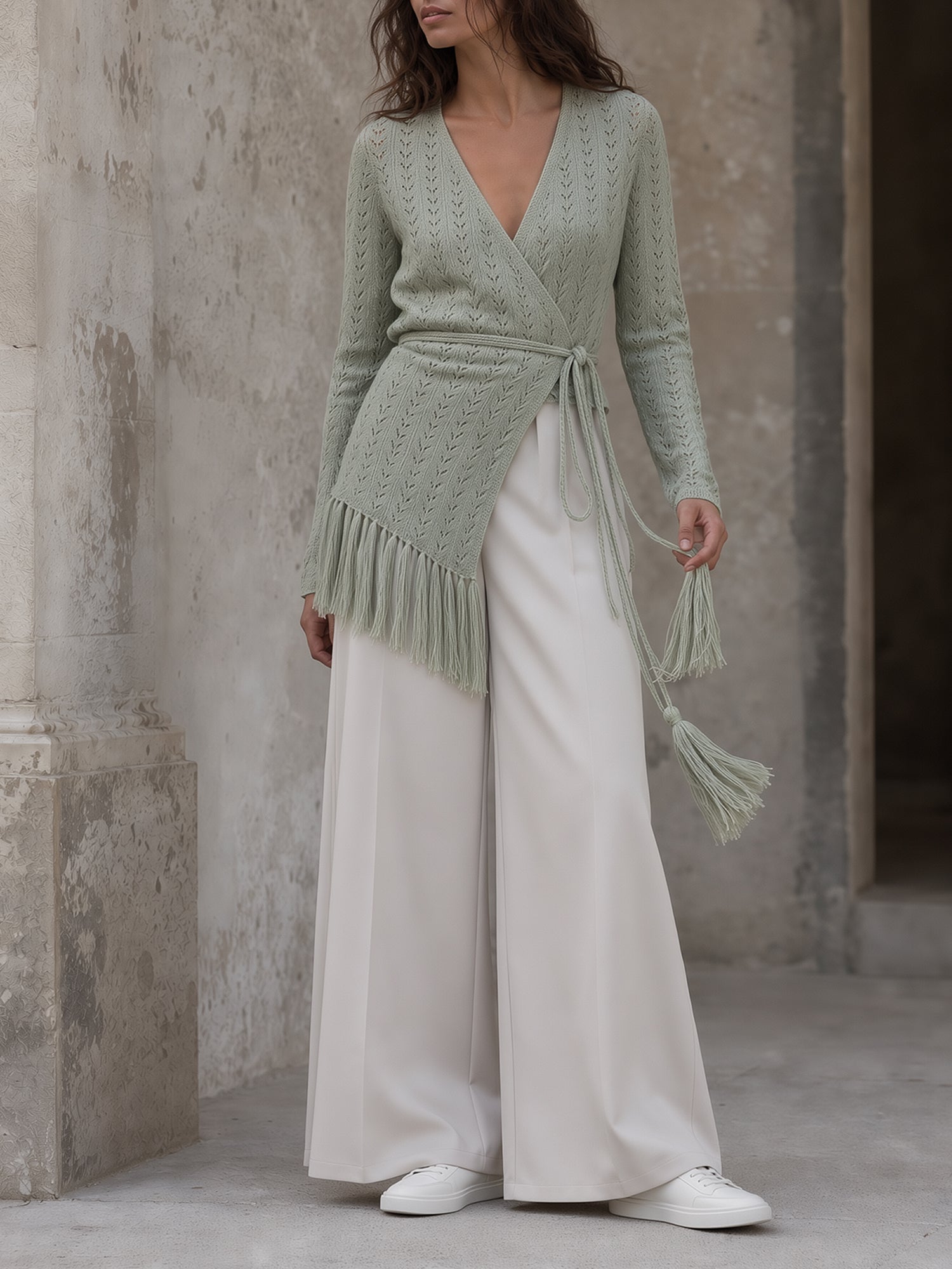 Sage Green Fringe Wrap Cardigan & Ivory Wide-Leg Pants Set