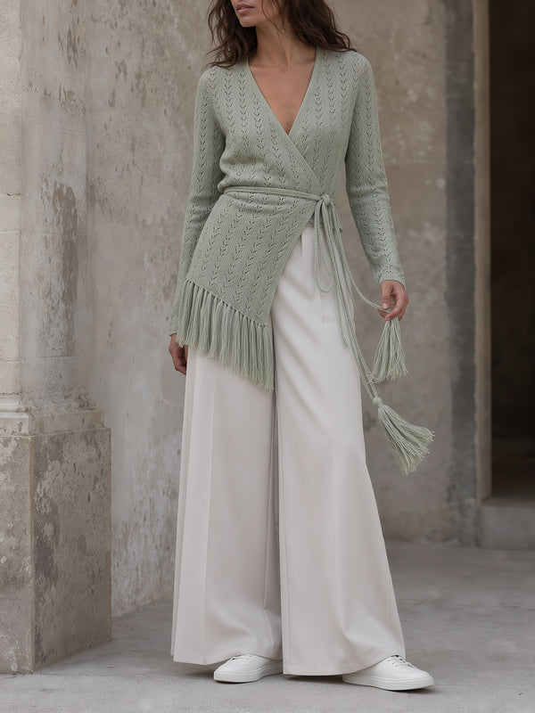 Sage Green Fringe Wrap Cardigan & Ivory Wide-Leg Pants Set