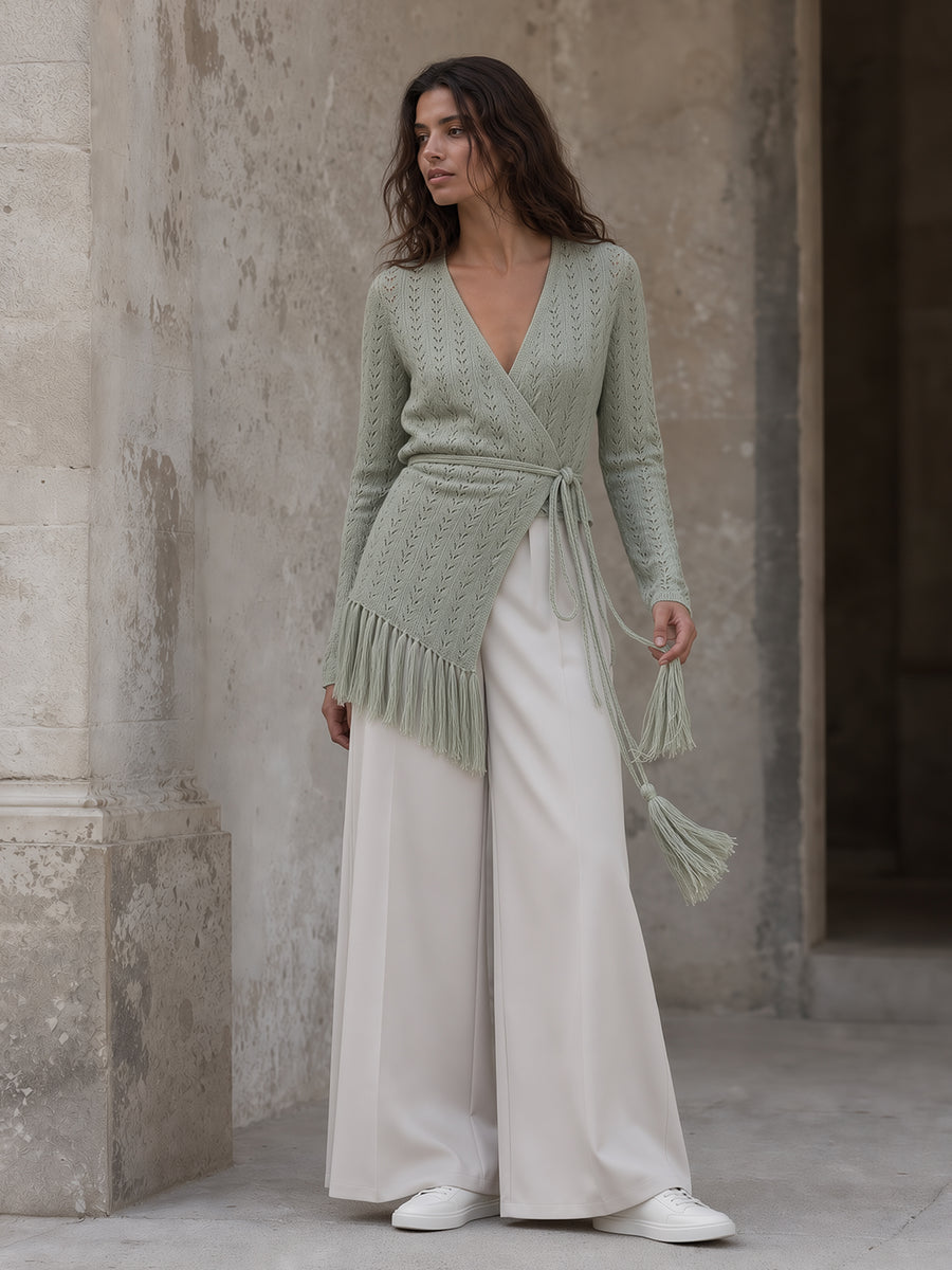 Sage Green Fringe Wrap Cardigan & Ivory Wide-Leg Pants Set