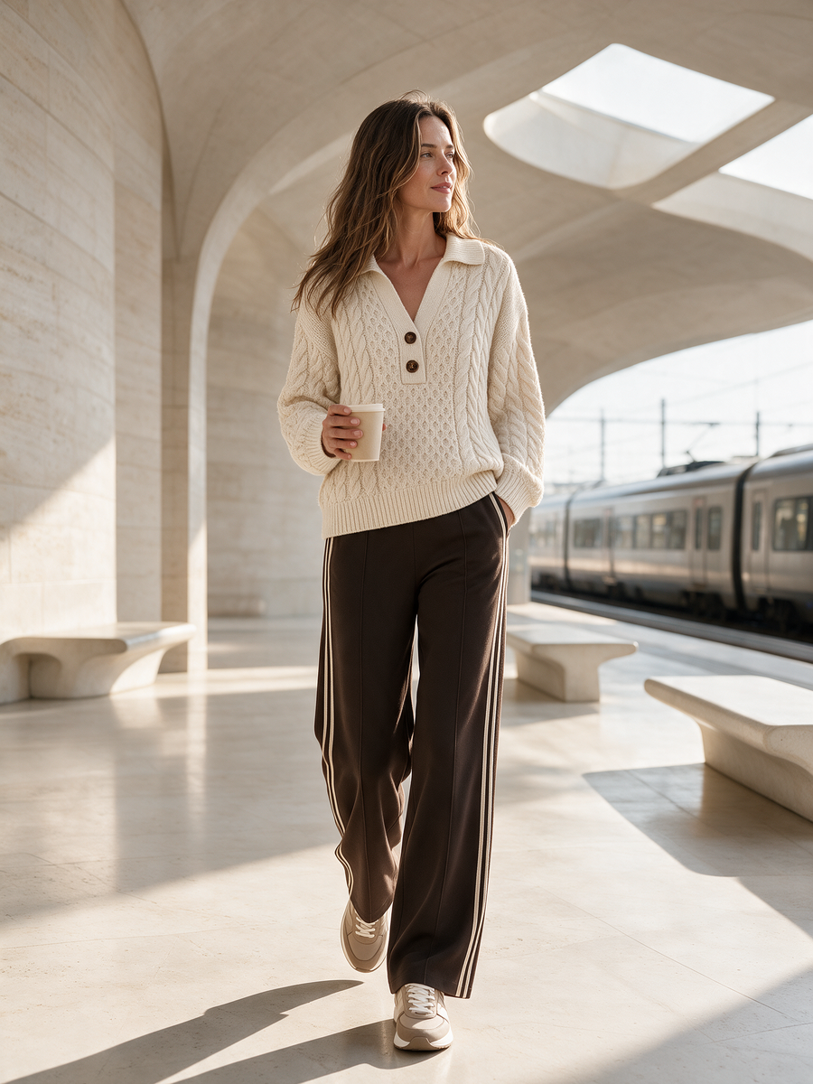 Beige Cable-knit Sweater And Wide-leg Trousers Set