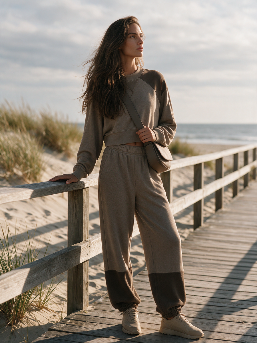 Light Brown Color-block Crew-neck Sweatshirt And Cuffed Joggers Set