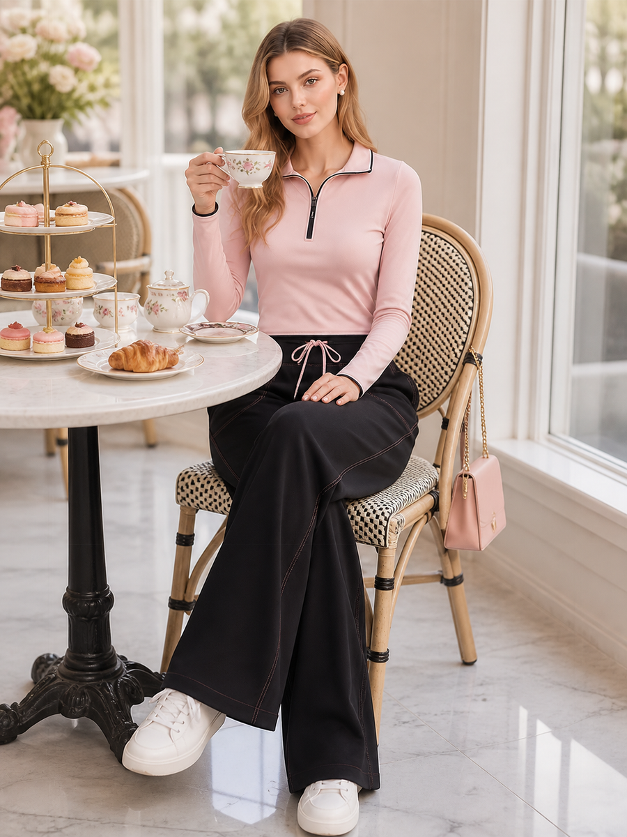 Pink Half-zip Cropped Top And Black Wide-leg Trousers Set