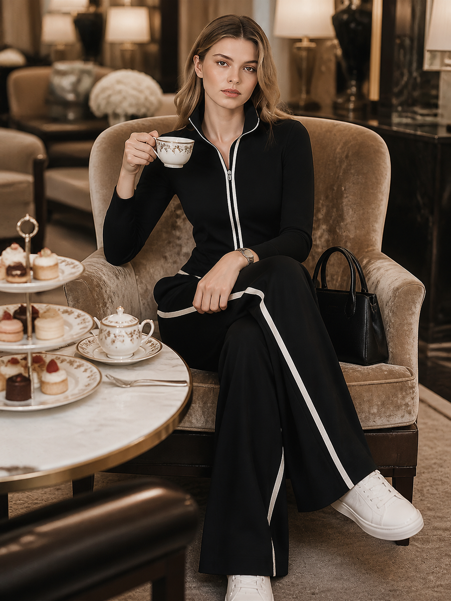 Black White Piping Stand Collar Cropped Zip Jacket & Wide Leg Pants Set