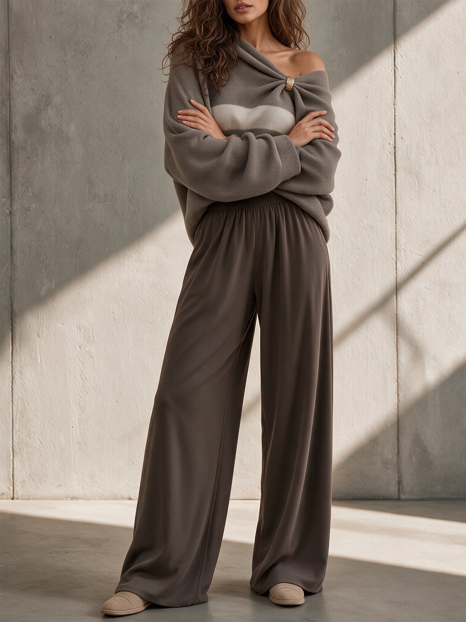 Mocha Off-Shoulder Twist Sweater & Palazzo Pants Set
