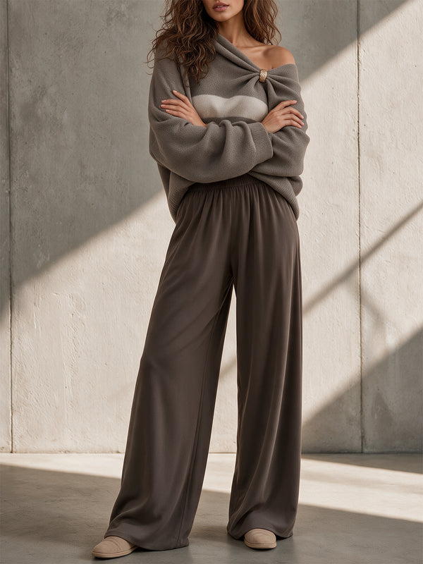 Mocha Off-Shoulder Twist Sweater & Palazzo Pants Set