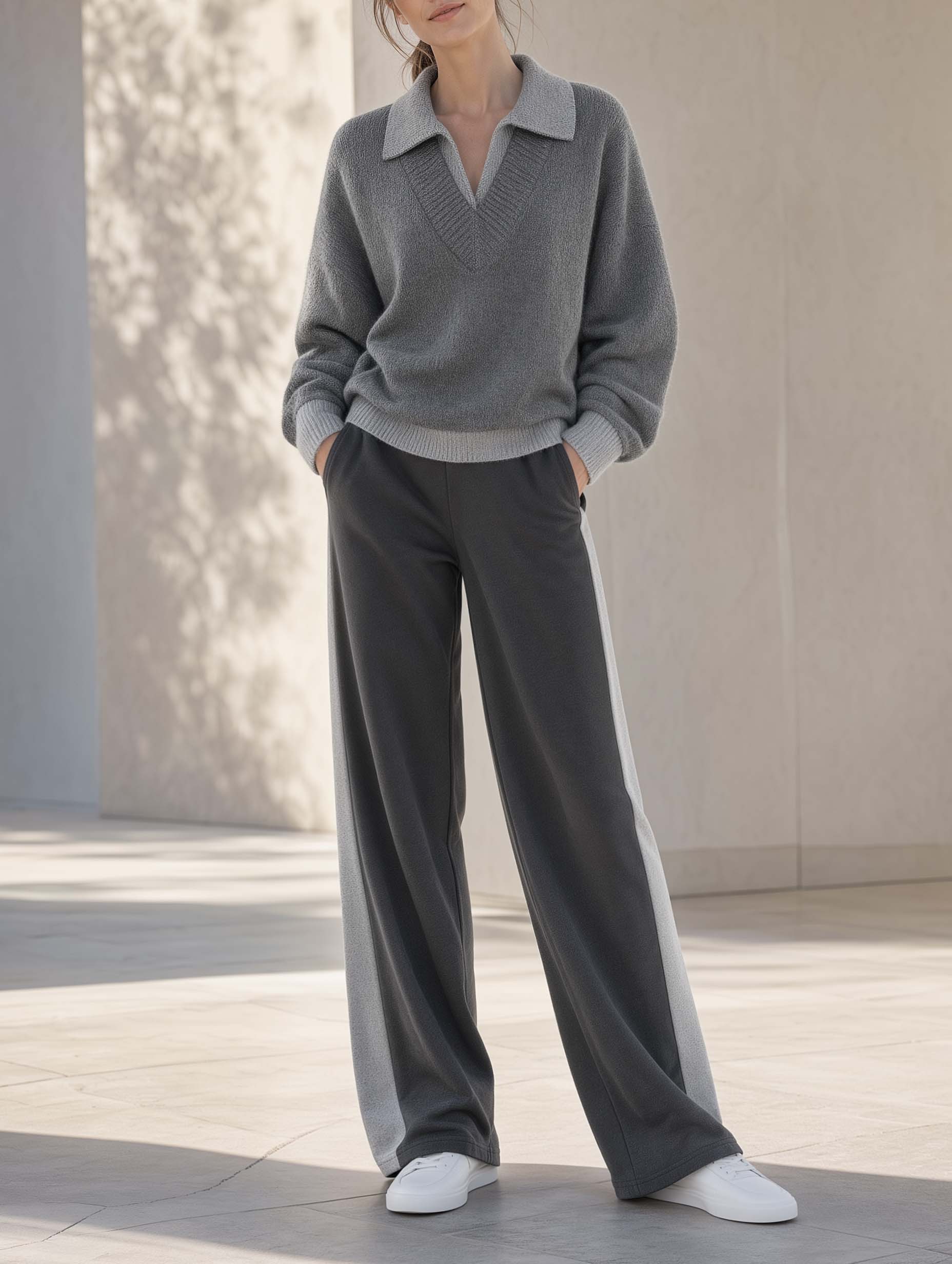Grey-toned Fashion Set Featuring A Collared Long-sleeve Sweater And Wide-leg Trousers