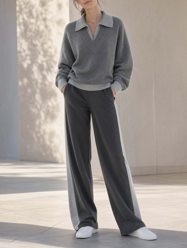 Grey-toned Fashion Set Featuring A Collared Long-sleeve Sweater And Wide-leg Trousers