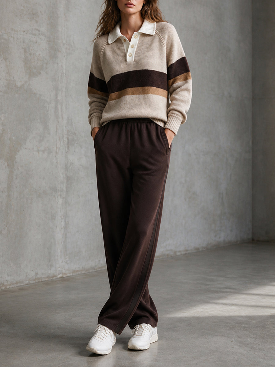 Oatmeal Stripe Polo Sweater & Brown Wide-Leg Track Pants Set